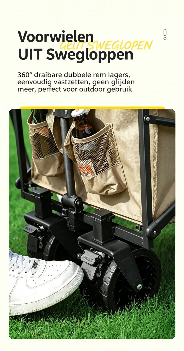 Khaki （83*50*70 cm）Opvouwbare Bolderkar Strandkar Kampeerwagen 360° Draaibare Voorwielen met Dubbele Rem Dikke Stalen Buizen Grote Inhoud Buiten en Tuin — afbeelding 4