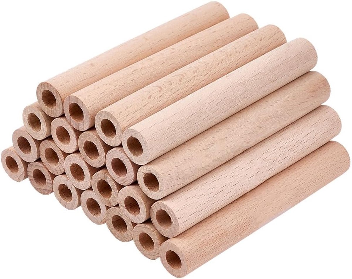 24 stuks 10 x 1,5 cm holle houten stokken, ronde houten deuvelstaven met gat van 8 mm, onafgewerkte beukenhouten staven, natuurlijk hout, ronde staven, houten stokken voor doe-het-zelf