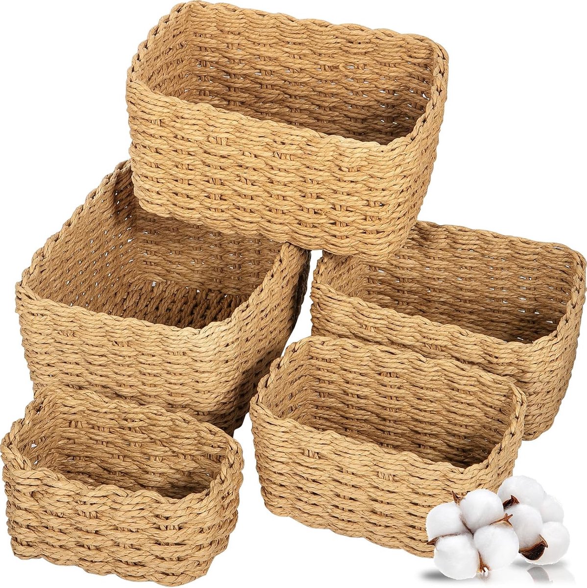 Set van 5 gevlochten opbergmanden, gevlochten opbergmand van papiertouw, stapelbare opbergmand voor het organiseren van kleding, keukens, badkamers, opbergruimte voor speelgoedmanden