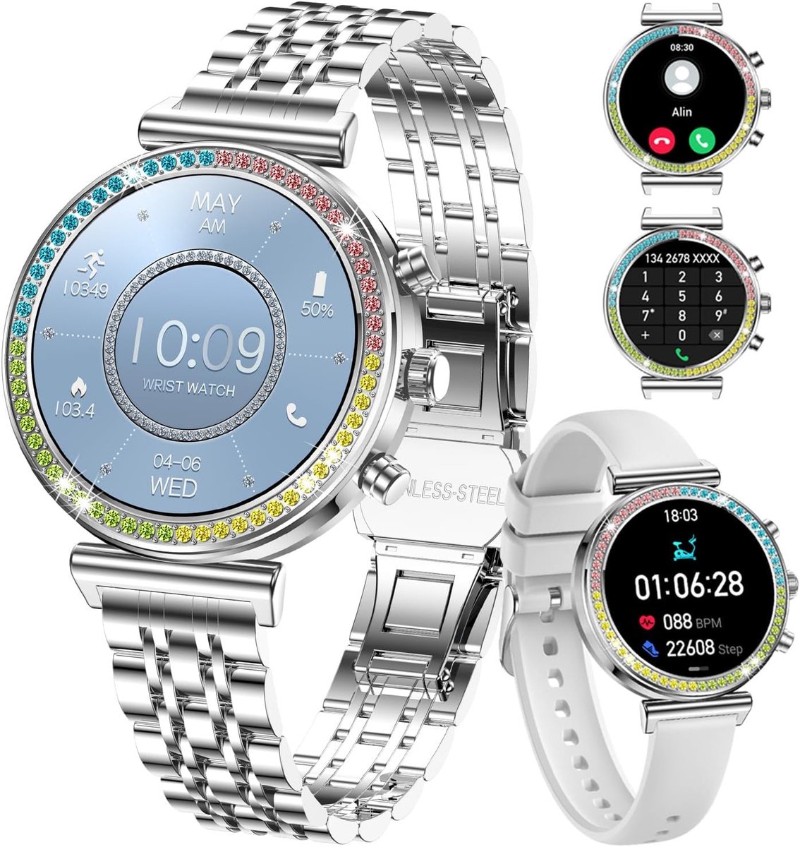 Smart Watch voor dames, 1,25 inch HD-display, Bluetooth-oproepen, waterdichte sport damessmartwatch, hartslagmeter, stappenteller, compatibel met Android en iOS (volledig zilver