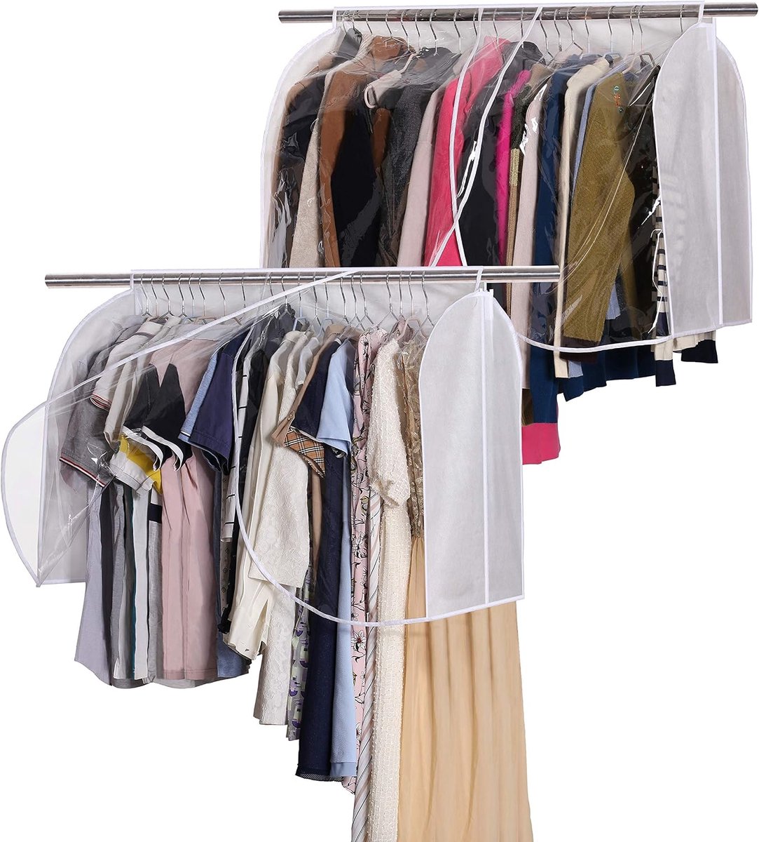 Opberghoezen voor kleding met venster van transparant pvc voor ramen en schouders, kleding voor kleding en kleding, wit, 2 stuks