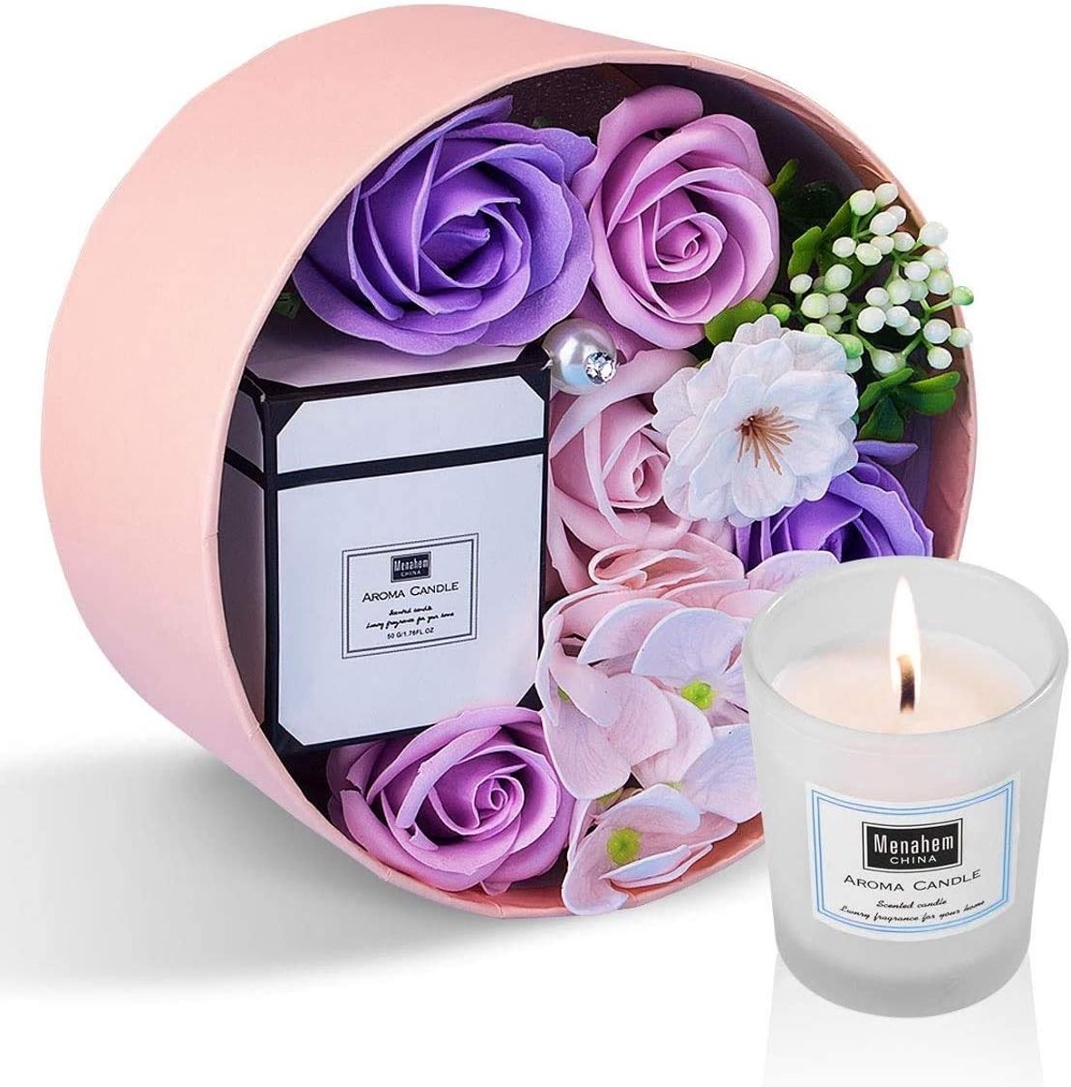 Ronde Doos met Kunstbloemen en Geurkaarsen voor Aromatherapie - Perfect Cadeau voor Moederdag, Verjaardag en Valentijnsdag