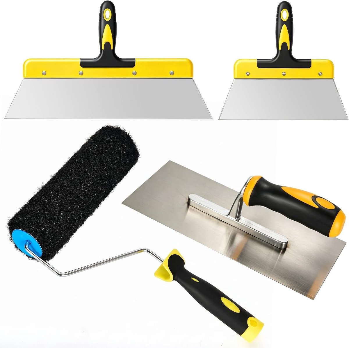 4-delige Set voor Muurherstel met Spackmes, Plamuurmes en Plamuurroller - Ideaal voor Stucwerk en Droogbouw, Inclusief 23 cm Roller en 25/40 cm Spackmessen