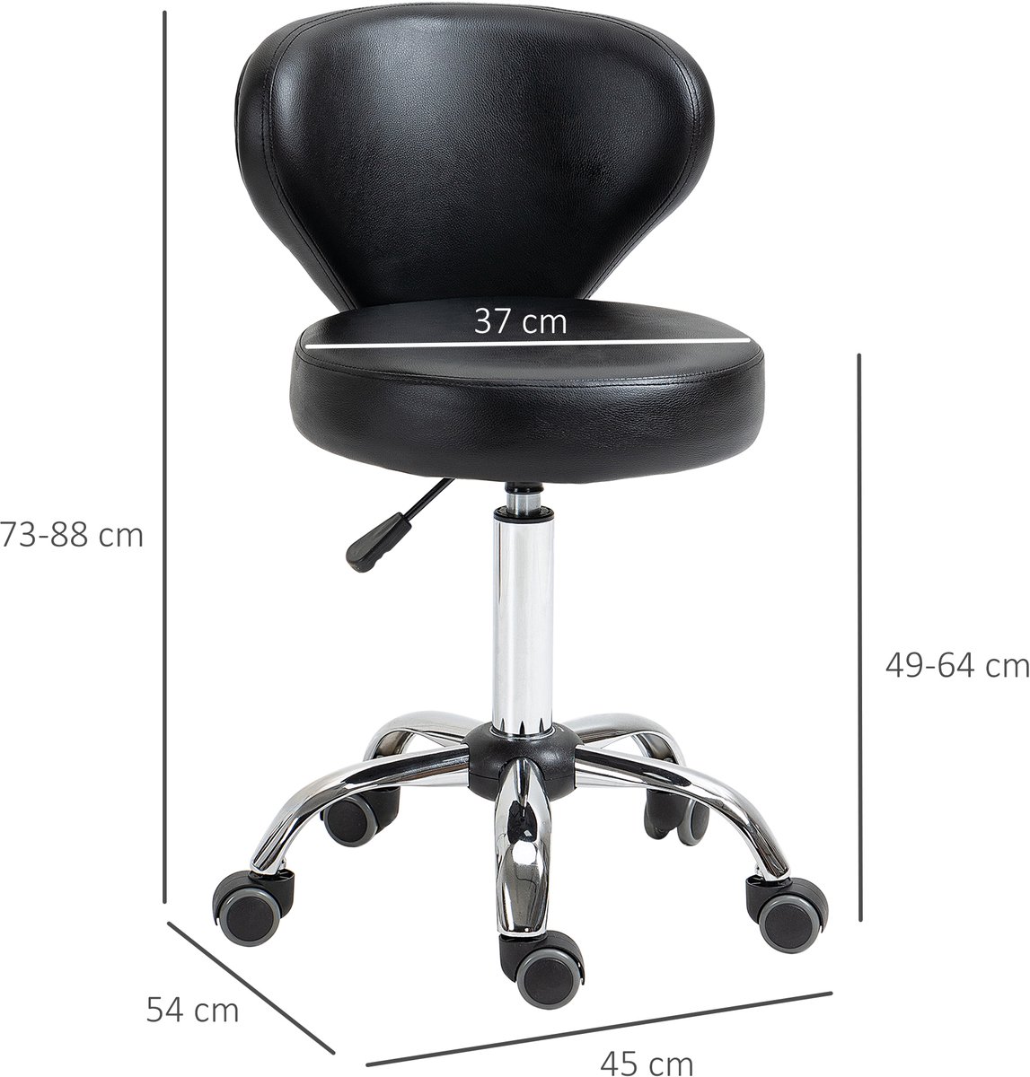 Salonkruk - in hoogte verstelbaar, 360° draaibaar, met rugleuning, op wielen, zwart, voor salon en massageruimte