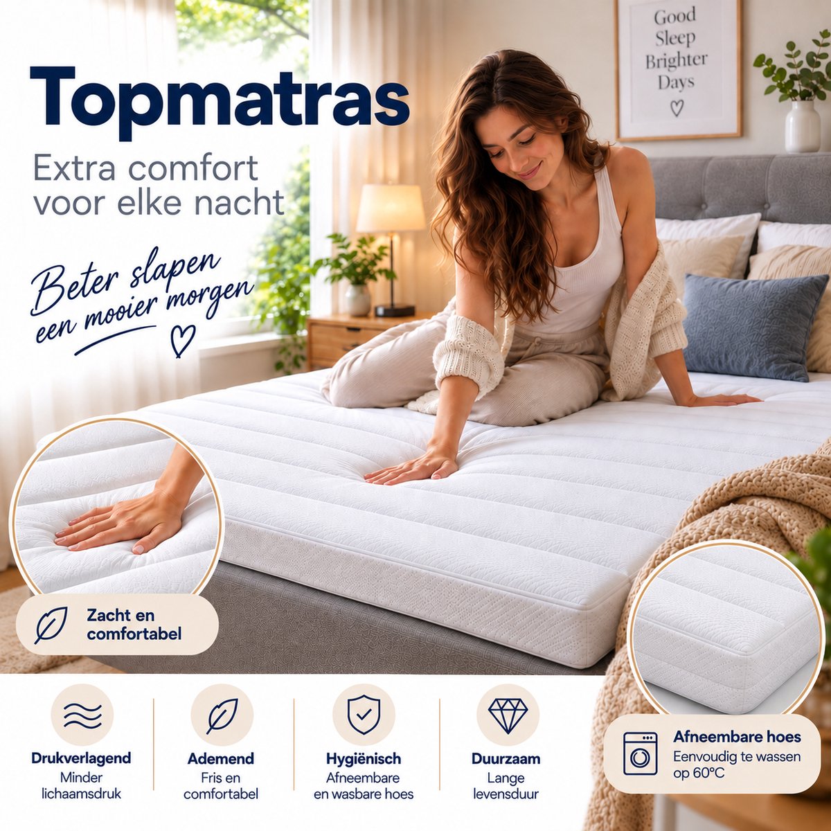 FITBERTH 70x200x8 Topper - Medium - HY33 - Premium - Orthopedisch Verantwoord - Ventilerend - Ergonomische Ondersteuning - Afritsbaar - Wasbaar wit
