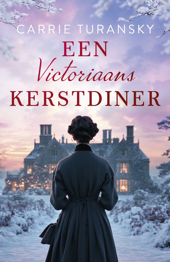 Vrouw in victoriaanse jurk kijkt naar een landhuis in de sneeuw onder een paarse lucht. Titel: Een Victoriaans kerstdiner.