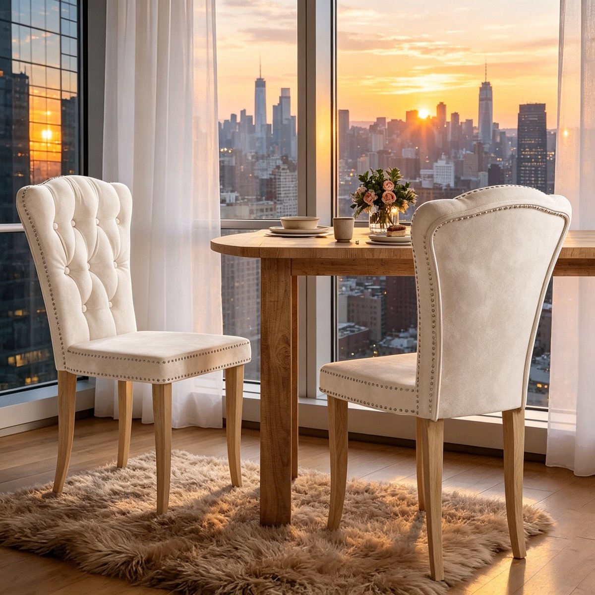 ROSAHQNDA Set van 2 eetkamerstoelen 47x50x99 cm, ergonomische gestoffeerde stoelen voor eetkamer, slaapkamer en werkkamer, houten frame, fluweel, beige