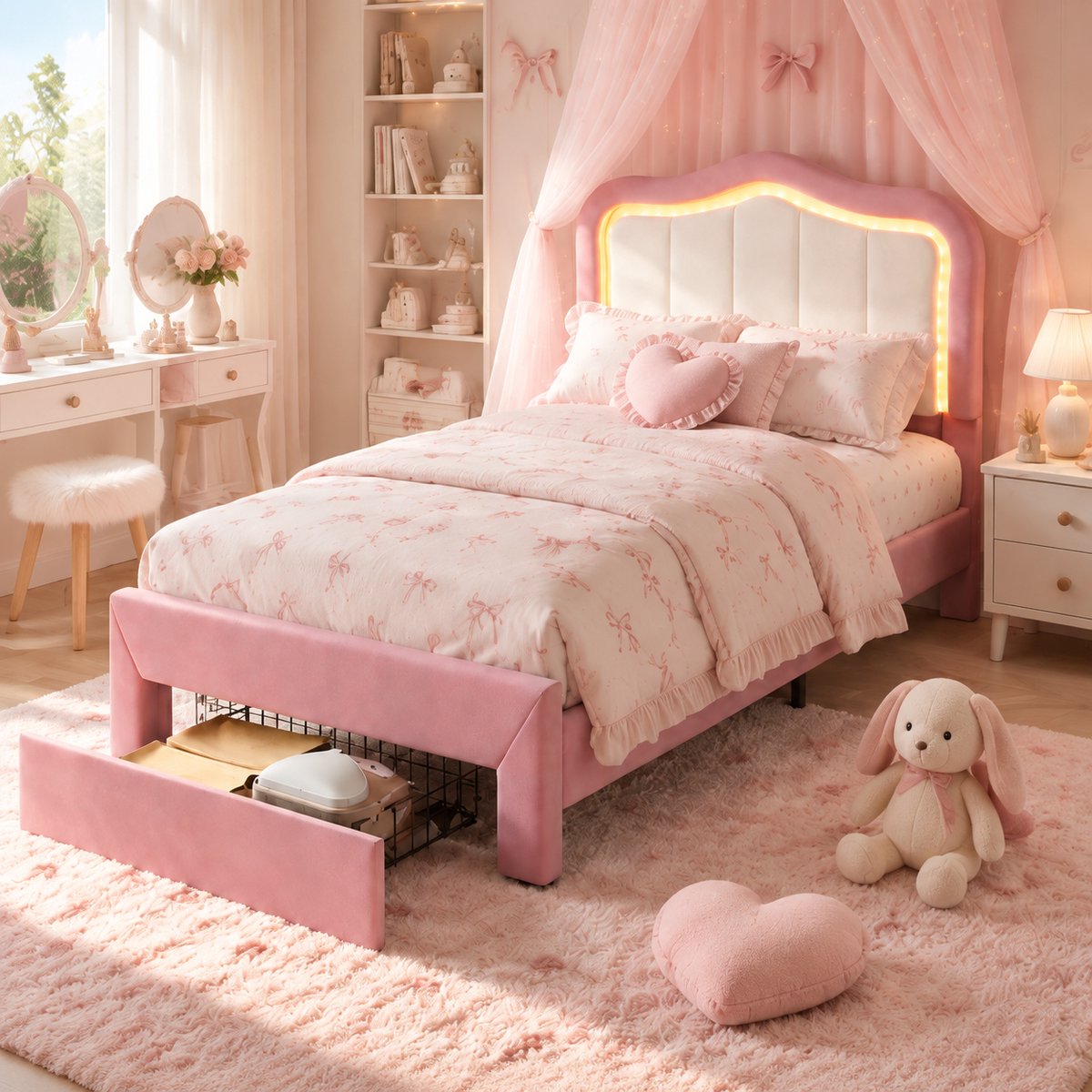 Welltin Kinderbed 90x200 cm - Eenpersoonsbed - Prinsessenbed - Gestoffeerd bed - Opbergbed - Multifunctioneel bed - Met hoofdbord - Met lade - Met led-lichtstrip - Met opbergvak - Flueel - Stevige constructie - Roze