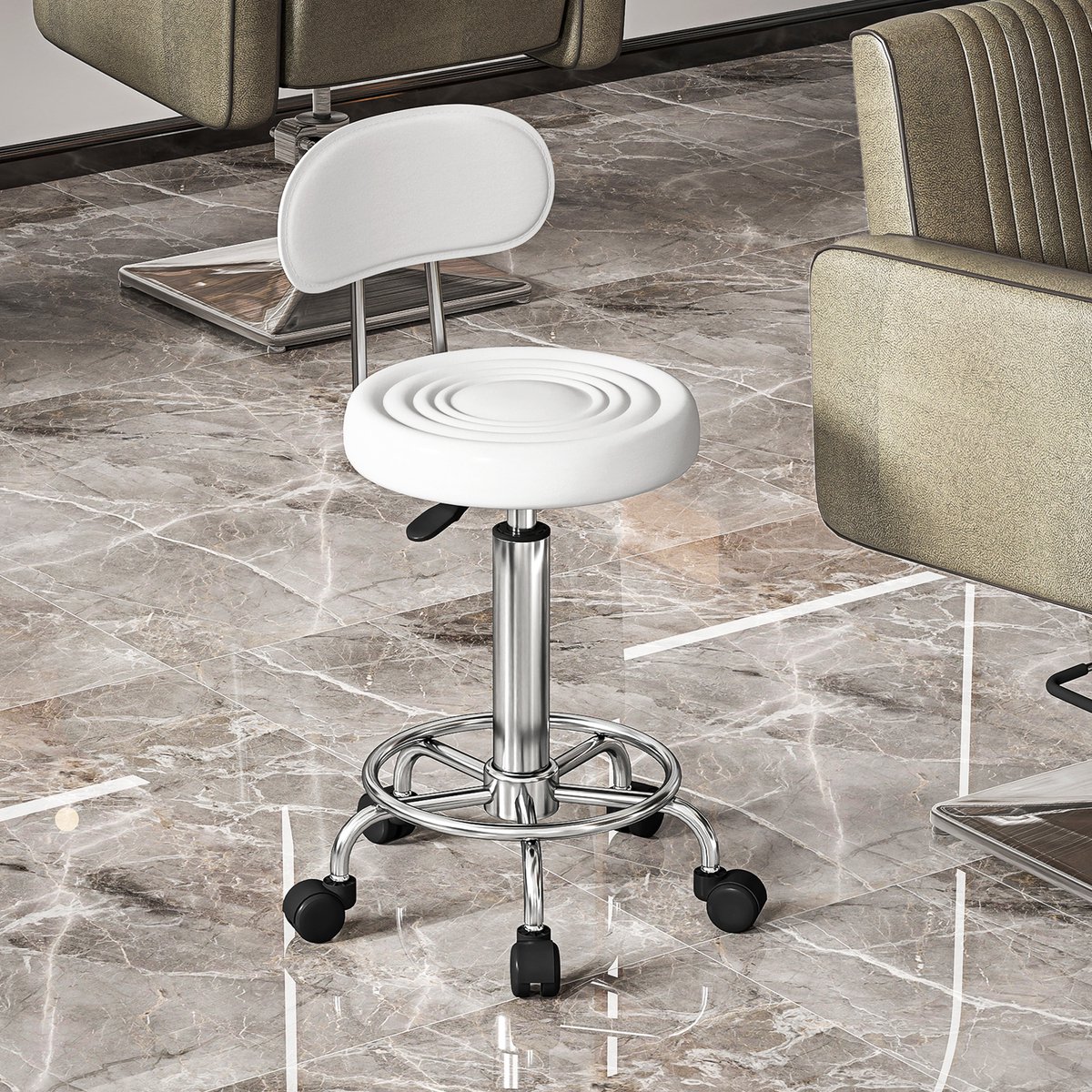 Salonkruk - in hoogte verstelbaar 70-86 cm, 360° draaibaar, met rugleuning, op wielen, wit, voor salon en thuis