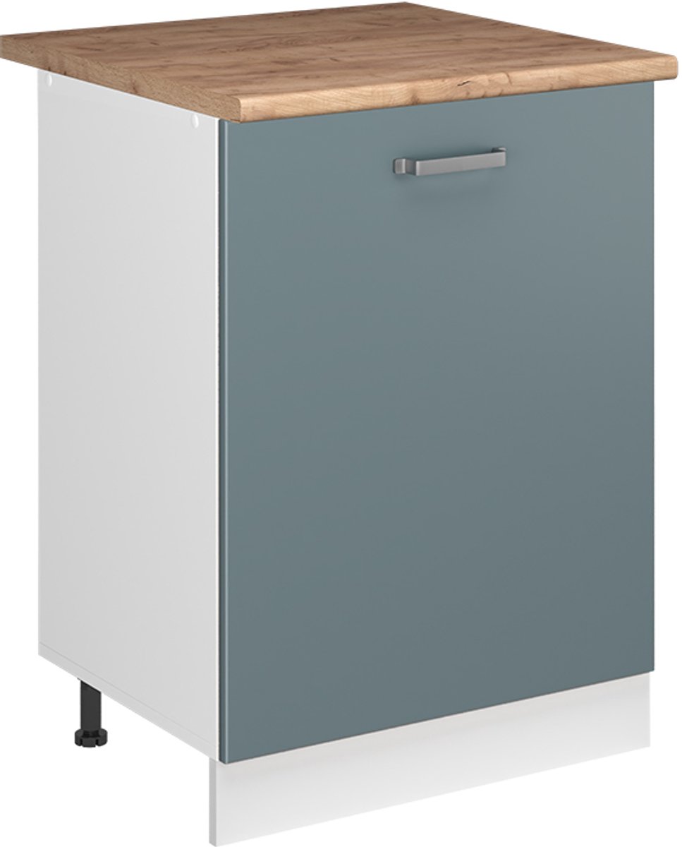Vicco Keukenonderkast R-Line, Blauw-grijs/Wit, 60 cm met 1 deur goudkleurig eiken werkblad