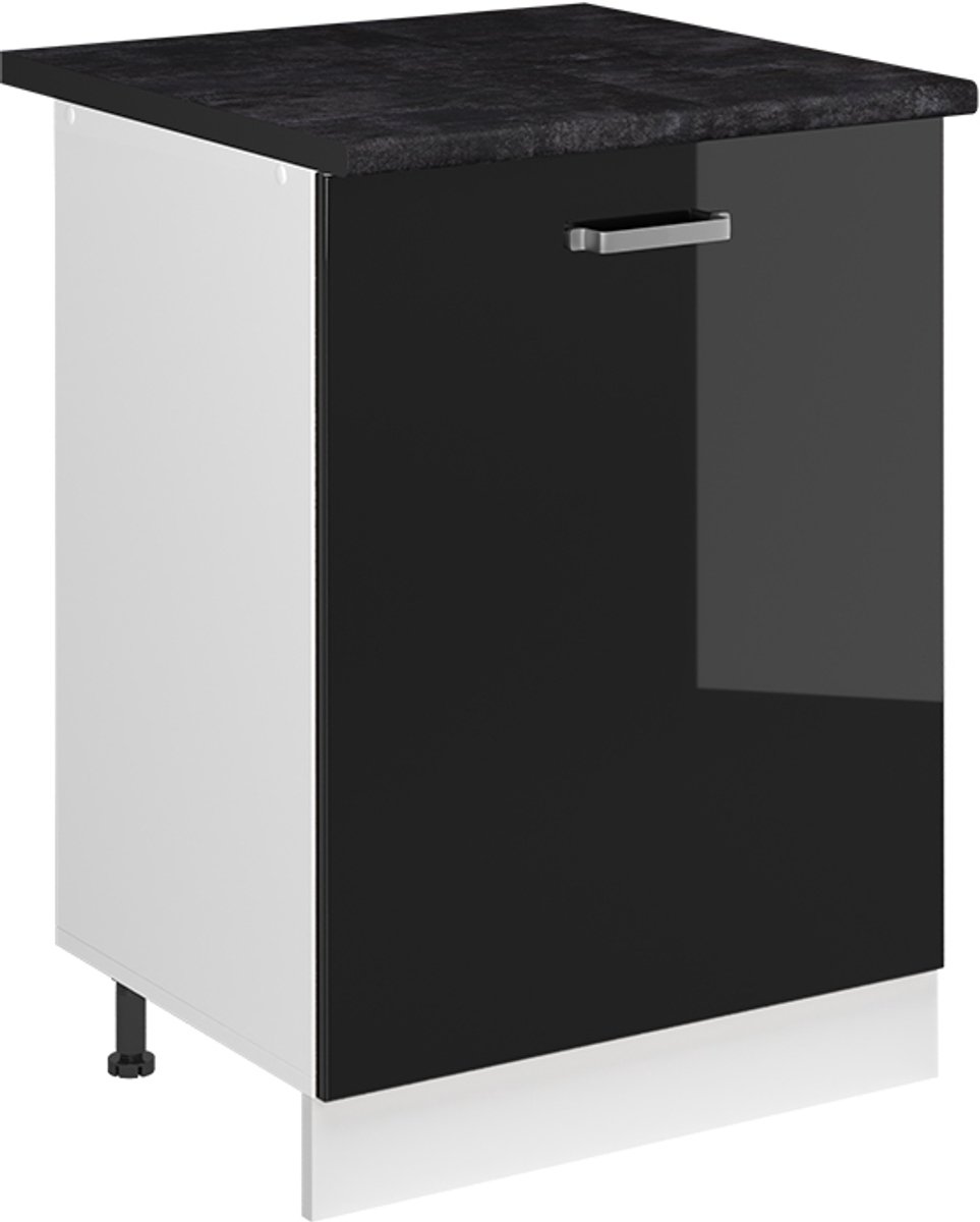 Vicco Keukenonderkast R-Line, Zwart hoogglans/Wit, 60 cm met 1 deur antraciet werkblad