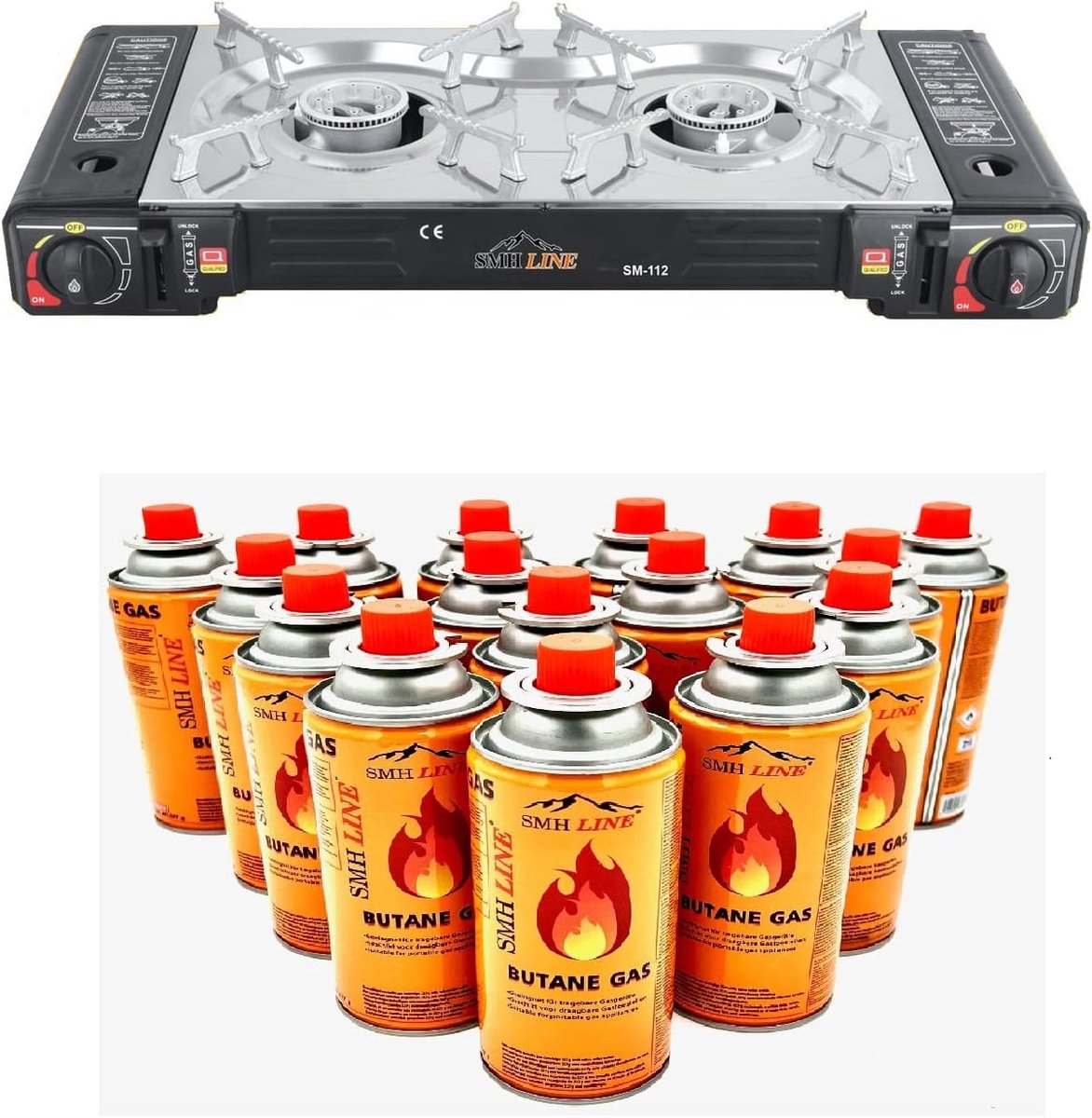 SnelShoppen - Dubbele Camping Gas Stove - 2-Pits RVS Kooktoestel - Draagbaar Gasfornuis met 16x Gasflessen - Ideaal voor Camping, Tuin en Buiten - 63x