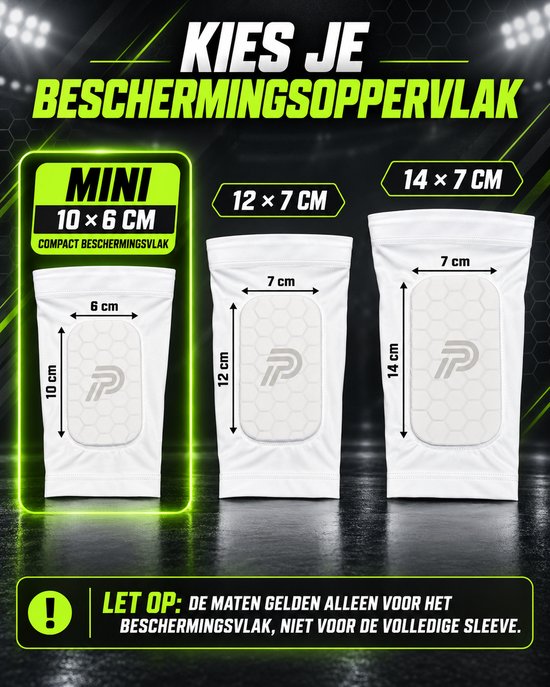Drie witte Proform scheenbeschermers met een grijze P op een honingraatpatroon. Maten: 10x6 cm, 12x7 cm, 14x7 cm.