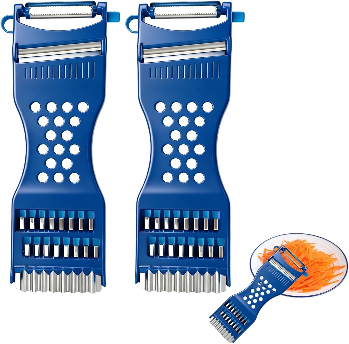 2 Stuks Multifunctionele Dunschiller, 3-in-1 Julienne Schiller voor Groenten en Fruit, Blauwe Groentesnijder voor Aardappelen, Pompoen en Wortelen