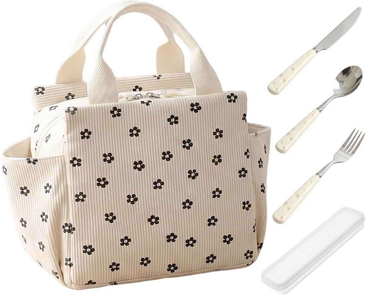 Lunchtas, 12 l, beige, mini-isolatietas, inclusief bestek, koeltas, kleine koeltas, zijvakken, koeltas voor werk, school, picknick (bloem)