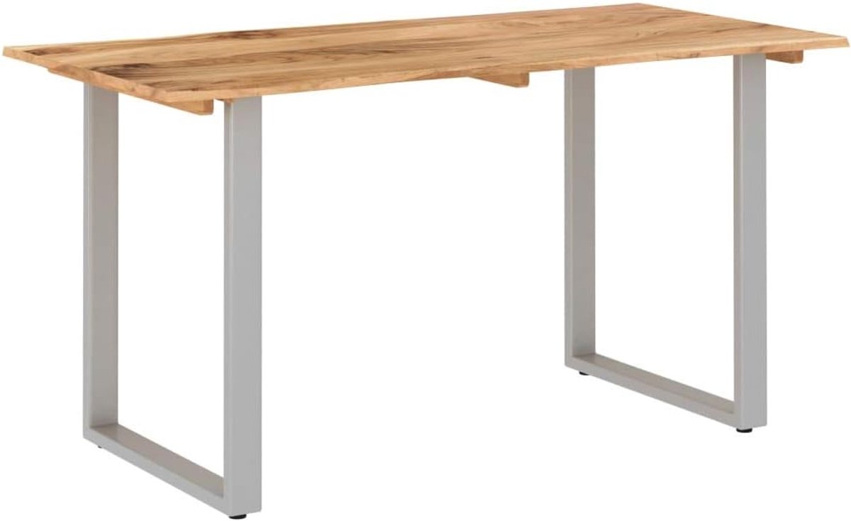 Eettafel, woonkamertafel van massief acaciahout, industriële eettafel, hout en zilver, 140 x 70 x 76 cm