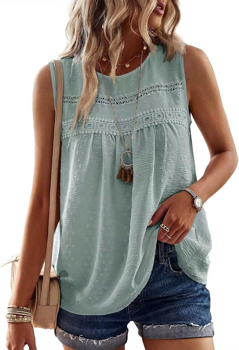 Mouwloze Top met Ronde Hals Boho Stijl Elegante Zomer Tank Top Kant Casual Geplooide Luchtige Losse Tuniek Tops