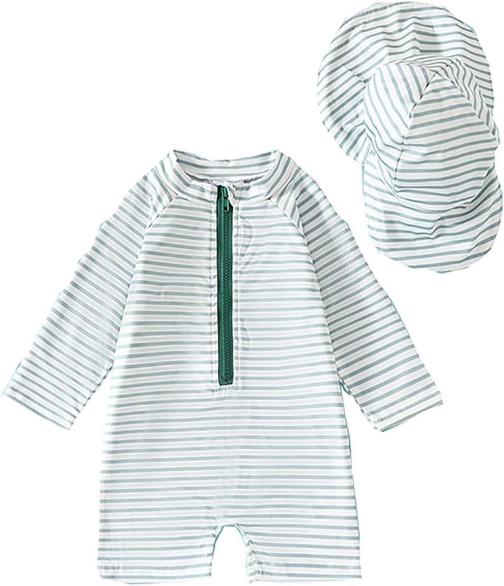 Badpak voor baby's, jongens, lange mouwen, bedrukt, met ritssluiting, badkleding, rashguard, 2-delige dinosaurus/haai, badpakset met zonnehoed