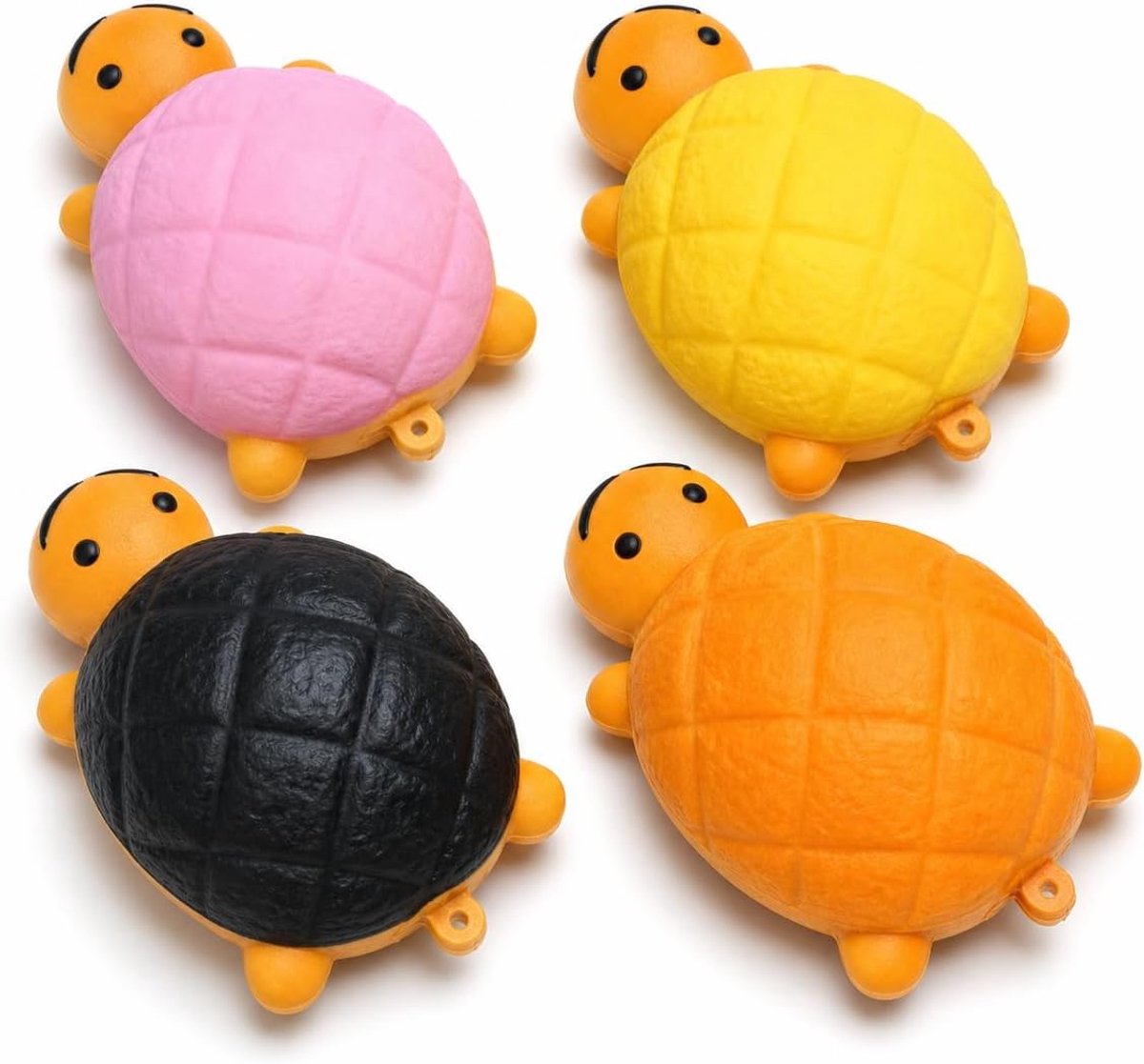 4 Squishy Schildpadden, zachte mini-knijpfiguren met gekleurde pantserdesigns voor bureau, pauze en feestcadeautjes