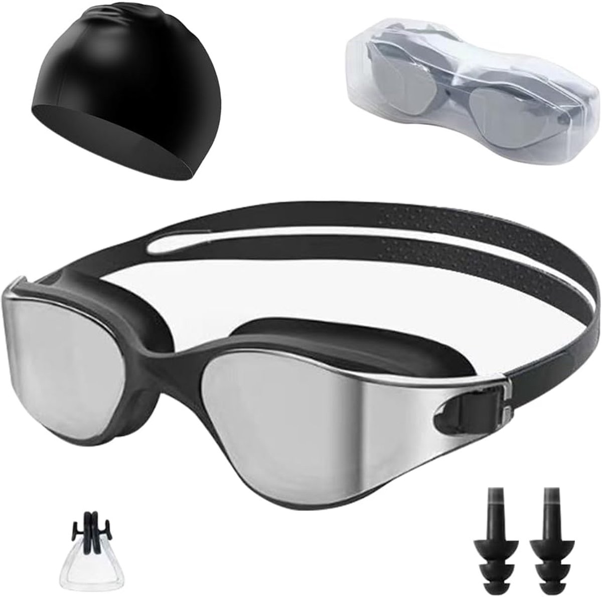 3 Stuks Zwemset Zwembril en Badmuts Set Zwemaccessoires Anti Fog Zwembril Unisex Zwem Bril Met Neusclip Oordoppen Voor Volwassenen Training Zwembad Watersport