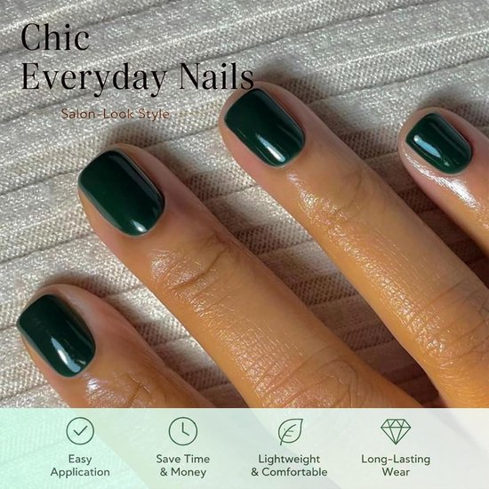 24 Stuks Press on Nails Kort Vierkant Groen – Complete Set voor DIY Manicure met Jelly Lijm, Nagelvijl en Houten Staafje — afbeelding 4