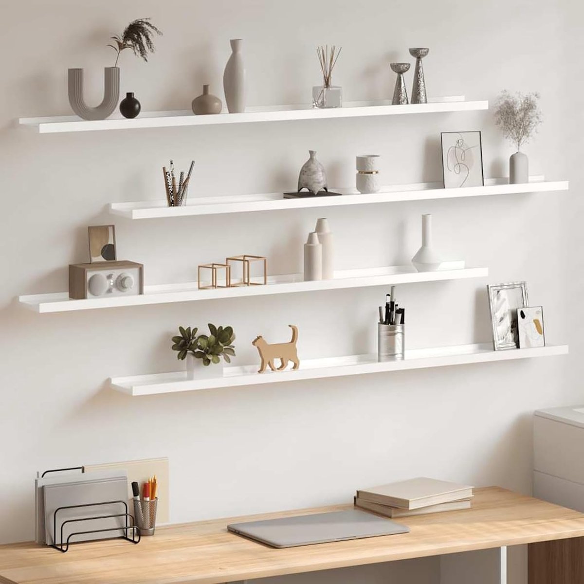 Wandplanken, 4 stuks, moderne wandplanken, tentoonstellingsrek, hangend zwevend rek voor woonkamer, keuken, hal, slaapkamer, wit hoogglans 115 x 9 x 3 cm