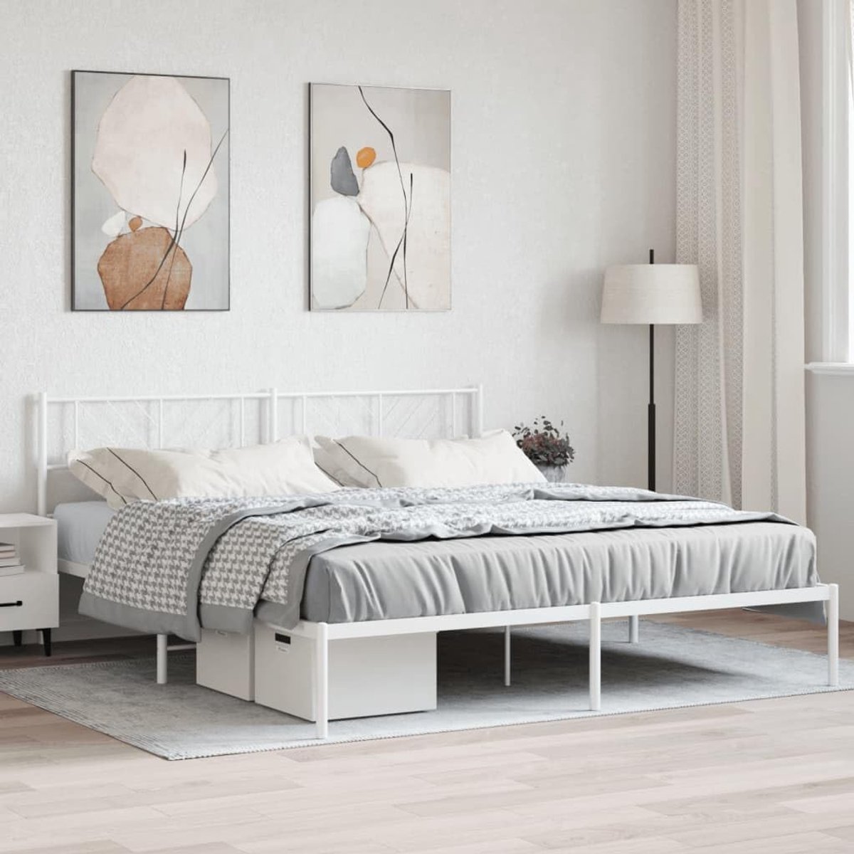 Bedframe met hoofdeinde, metaal, wit, 183 x 213 cm, bedframe voor slaapkamer, hotel, bedframe voor woonkamer, slaapkamer