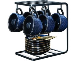 Vicrays Keramische Koffiekopjes Set 4 Oz Porseleinen Kopjes met Schotels Lepels en Metalen Stand voor Thee Cafe Cappuccino Latte - Set van 6 - Blauw