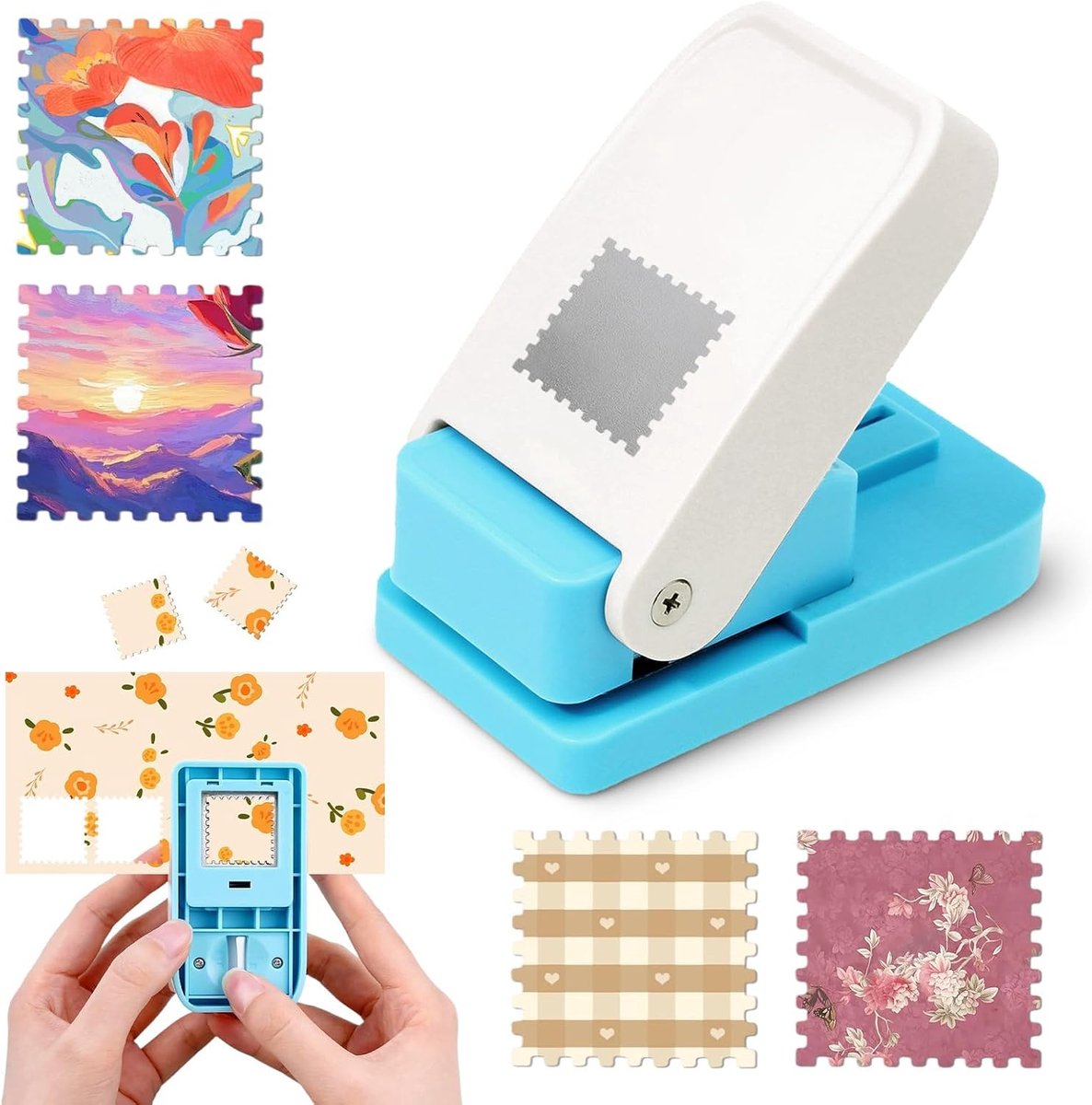 38,1 x 38,1 mm, Draagbare papierpons in postzegelvorm, stans voor scrapbooking, kaarten, doe-het-zelf knutselen en papierprojecten