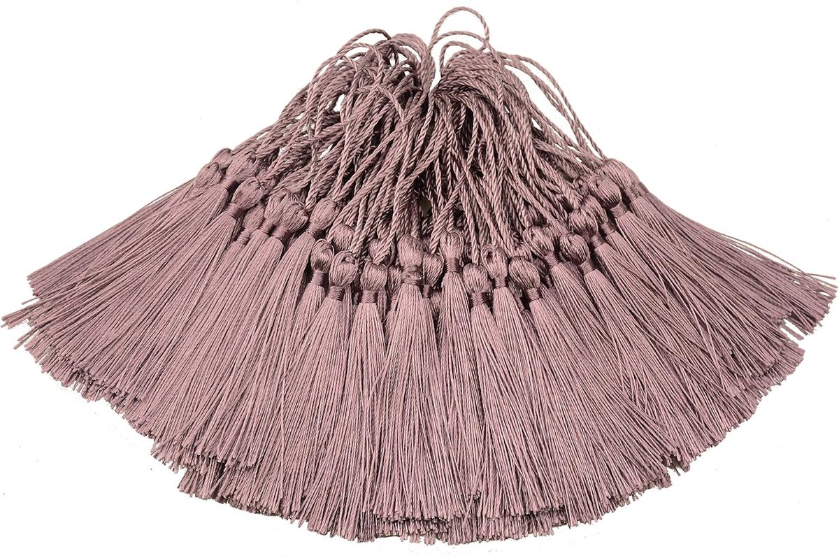 100 stks 13cm/5 Inch Zijdeachtige Floss Bladwijzer Kwastjes met 2-Inch Koord Loop en Kleine Chinese Knoop voor Sieraden Maken, Souvenir, Bladwijzers, DIY Craft Accessoire(Donkere Taro)