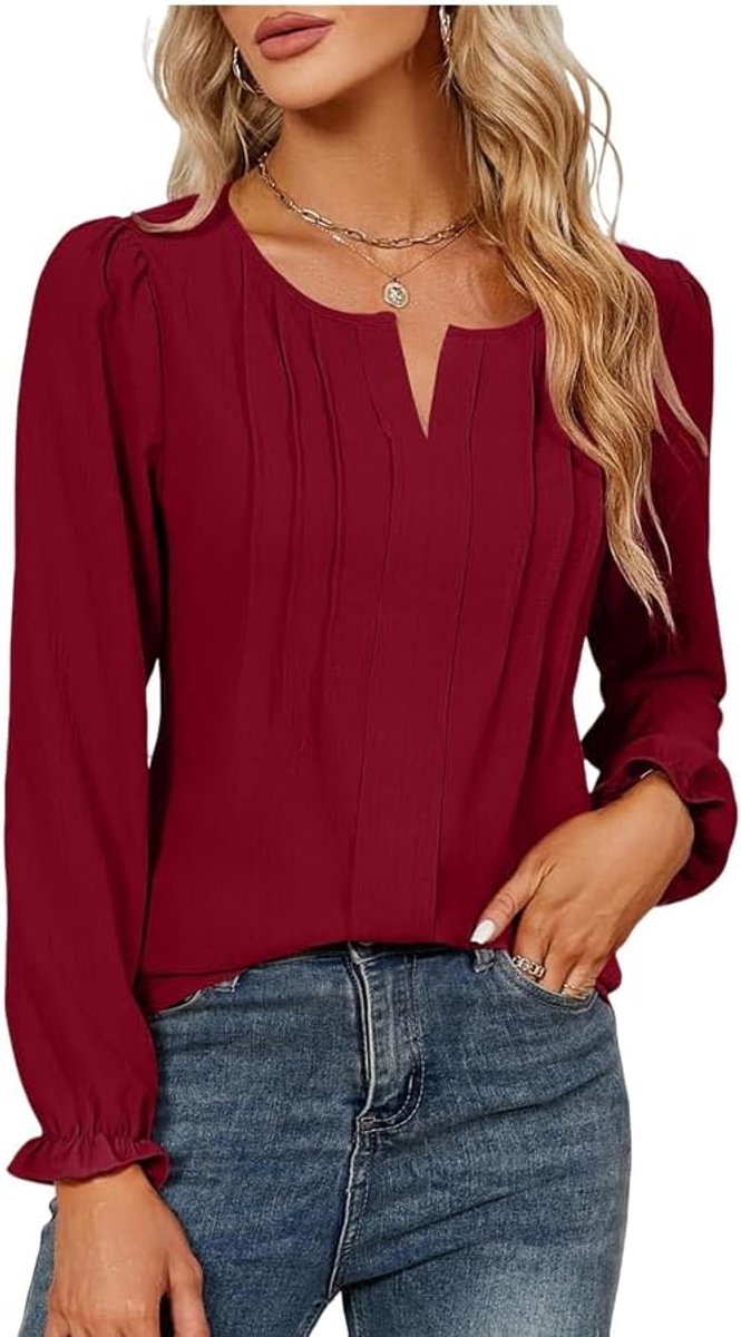 Blouse V-hals dames elegant bovendeel geplooid lange mouwen hemd tunieken casual tops kantoor