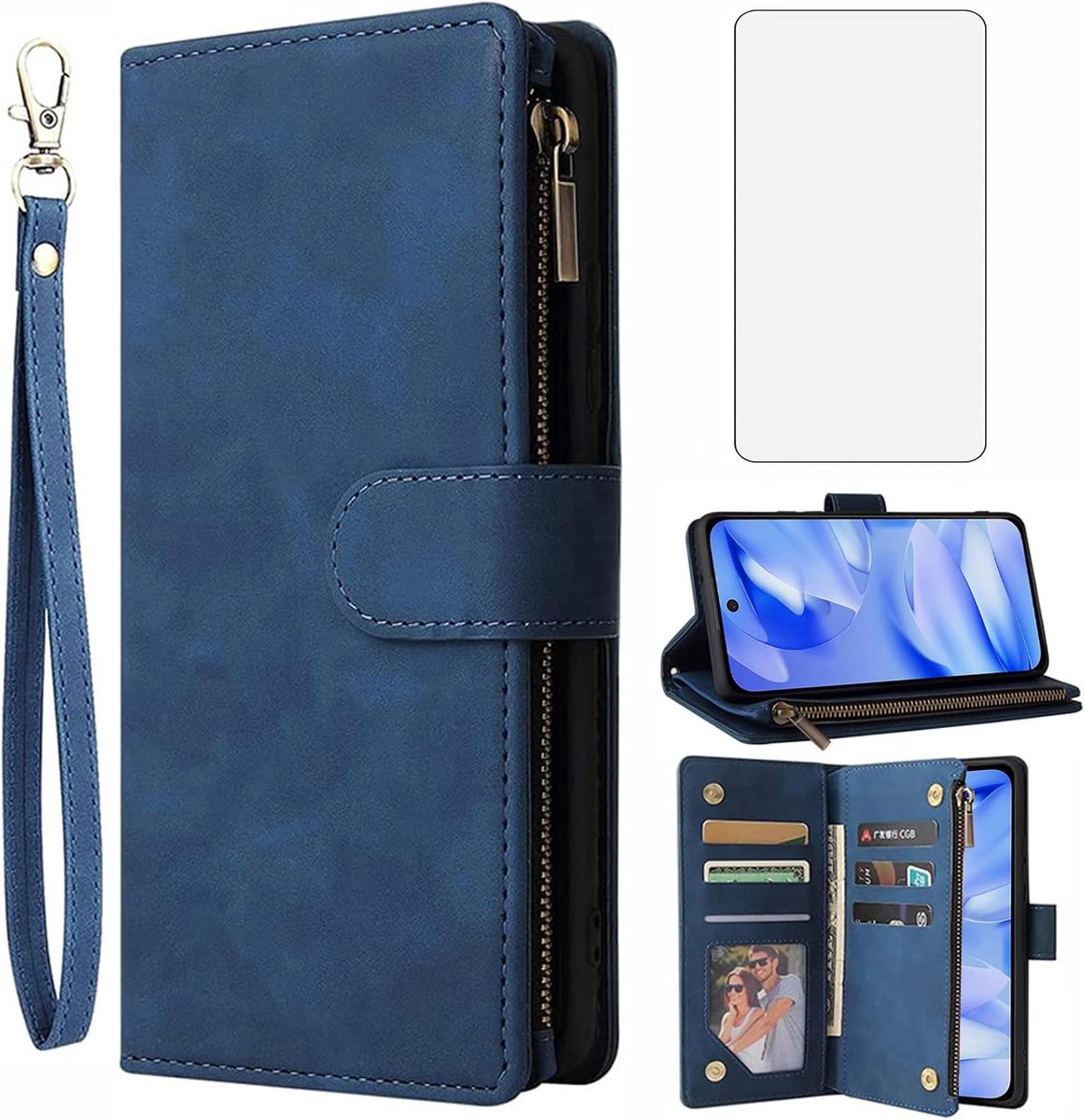 Hoes voor mobiele telefoon voor Google Pixel 9a, hoes met folie, beschermfolie en kaartenvak, inklapbaar, lederen portemonnee, standaard, Pixel9a 5G, ritssluiting, telefoonhoes, beschermhoes