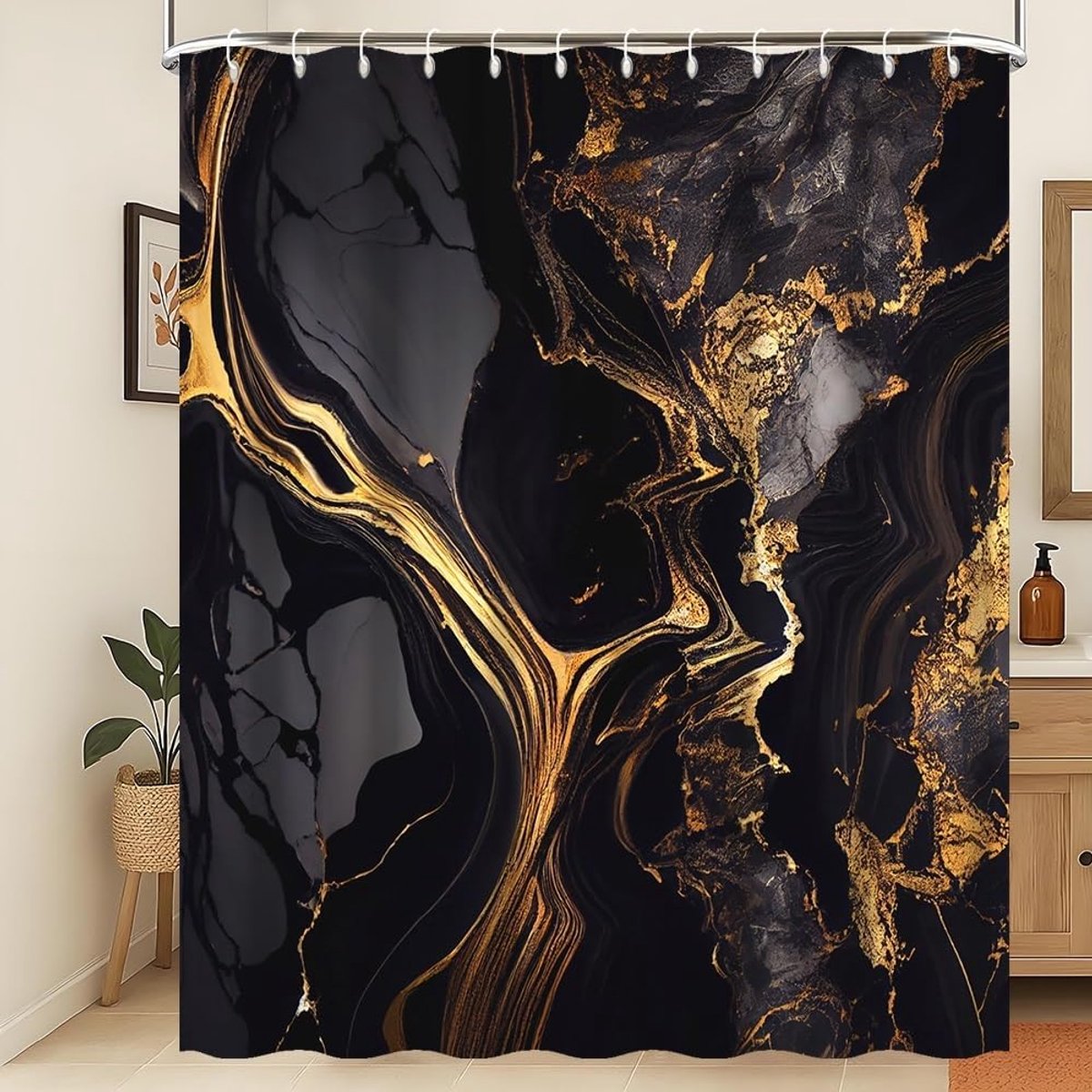 Zwart en Gouden Marmer Douchegordijn Met Sparklende Moderne Luxe Waterdichte Stof, Machine Wasbaar, 180x180cm