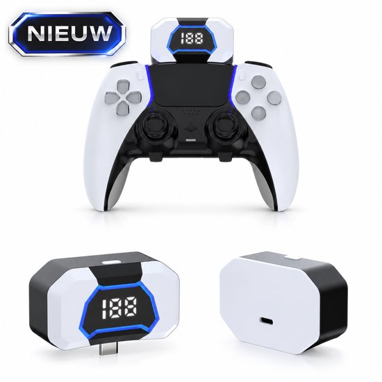 Nieuwe witte PS5 controller met zwarte accenten en blauwe verlichting. Een extra oplaadmodule met digitaal display.