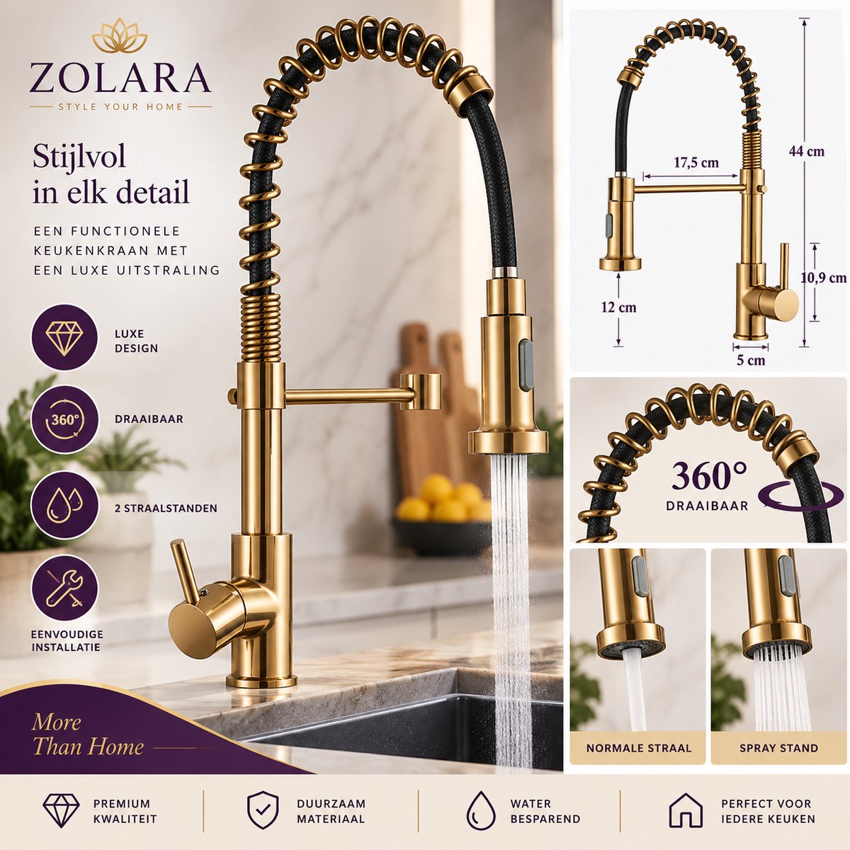 Zolara Design Keukenkraan Goud & Zwart - Flexibele Uittrekbare Sproeikop - 360° Draaibaar - Warm & Koud Water - Aanrechtkraan -