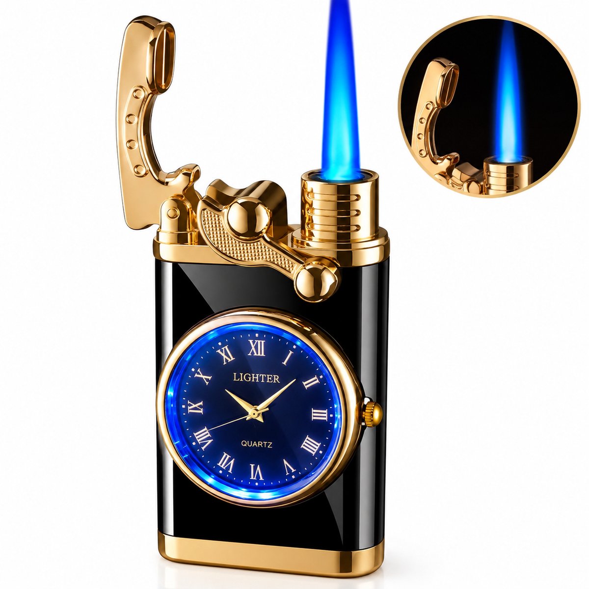 Nina’s Giftshop® Luxe Zwarte Aansteker met LED Klok – Windproof Gasaansteker – Blauwe Vlam – Navulbaar – Verstelbare Vlam – Cadeau voor Man & Vrouw – Kerstcadeau