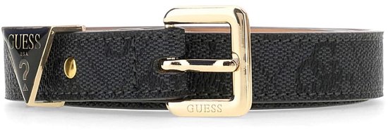 Zwarte Guess riem met monogrammotief, gouden gesp en driehoekig logodetail.