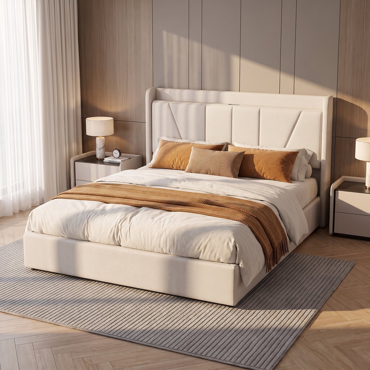 MEXUS 160x200 Hydraulisch Opbergbed, Gestoffeerd Tweepersoonsbed USB / Type-C-Poorten, Bedframe met Lattenbodem, Geschikt Volwassenen Tieners, Beige Linnen (Matras Niet Inbegrepen)