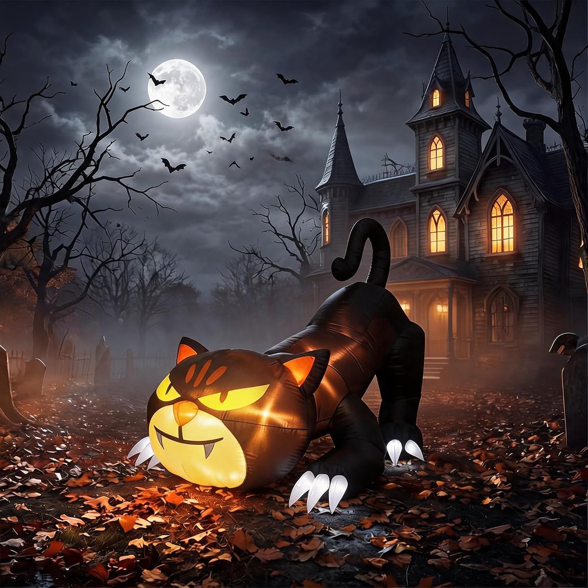 Opblaasbare Zwarte Kat 180cm met LED - Halloween Tuinpop Buiten