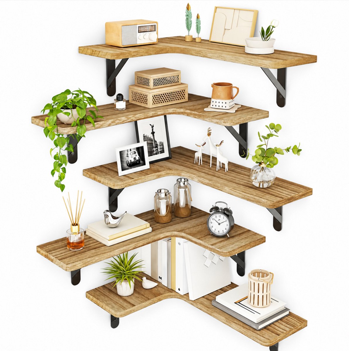 Molhaus Set van 5 Hoekplanken - Boekenplank - 41x29 cm - Houtkleur