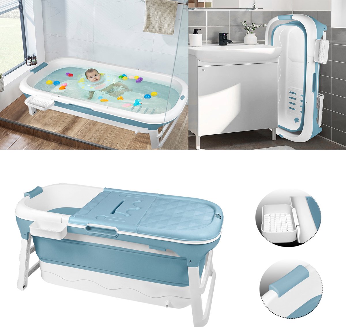 Opvouwbare badkuip voor volwassenen, XXL, 148 x 60 x 53 cm, draagbare opvouwbare badkuip met afdekking, kussens, massagerollen voor kleine badkamer, douche