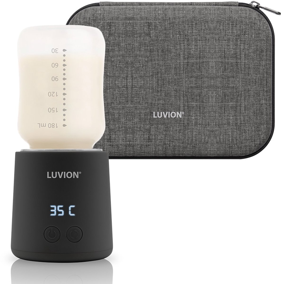 LUVION® Draagbare Flessenwarmer Ultra Pro + Protection Case - Zwart - Met roerfunctie voor gelijkmatig opwarmen van borstvoeding en mixen van kunstvoeding - Geschikt voor nagenoeg alle merken babyflesjes - Onderweg draadloos je baby fles verwarmen