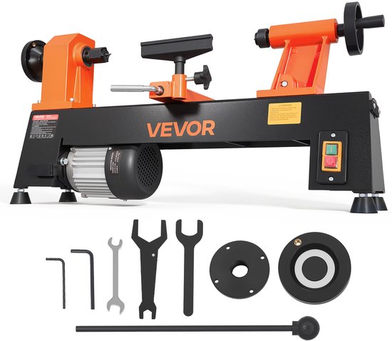 VEVOR houtdraaibank met zwart onderstel en oranje accenten, inclusief een set van 7 accessoires en gereedschappen.