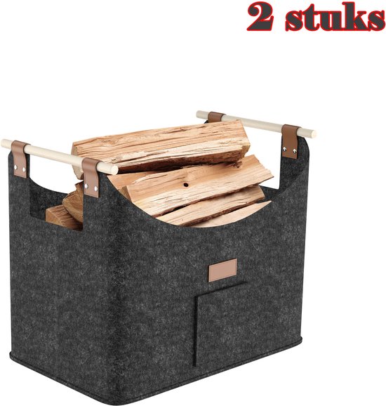 Donkergrijze vilten houtmand, 2 stuks, gevuld met houtblokken, met houten handvatten en een voorvak.