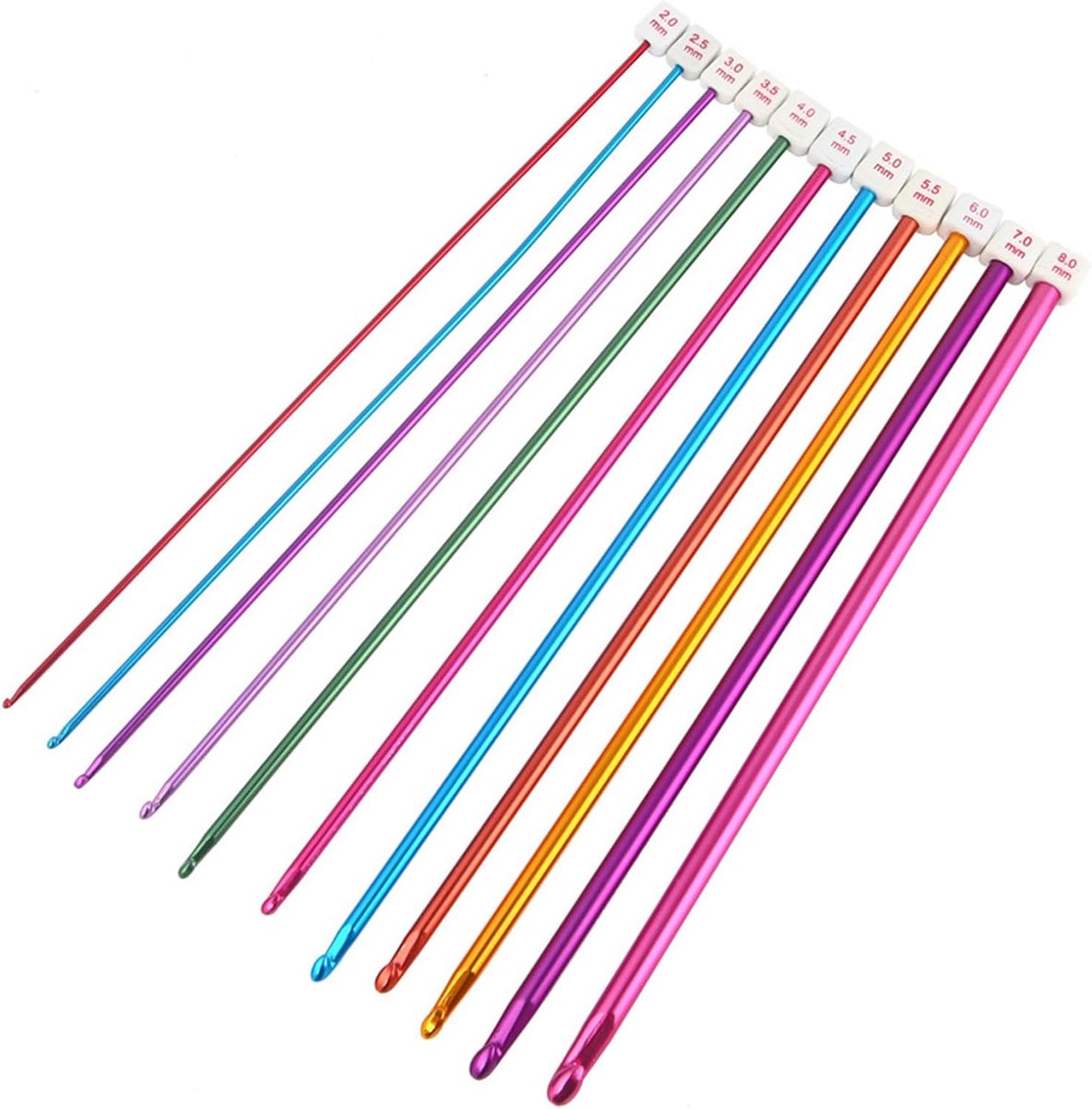 Haaknaaldenset, 11 stuks, kleurrijk aluminium, Tunesische breinaalden, haaknaalden van aluminium, 2,0 - 8,0 mm, Afghaanse haaknaalden met gladde haakkop, voor beginners, volwassenen