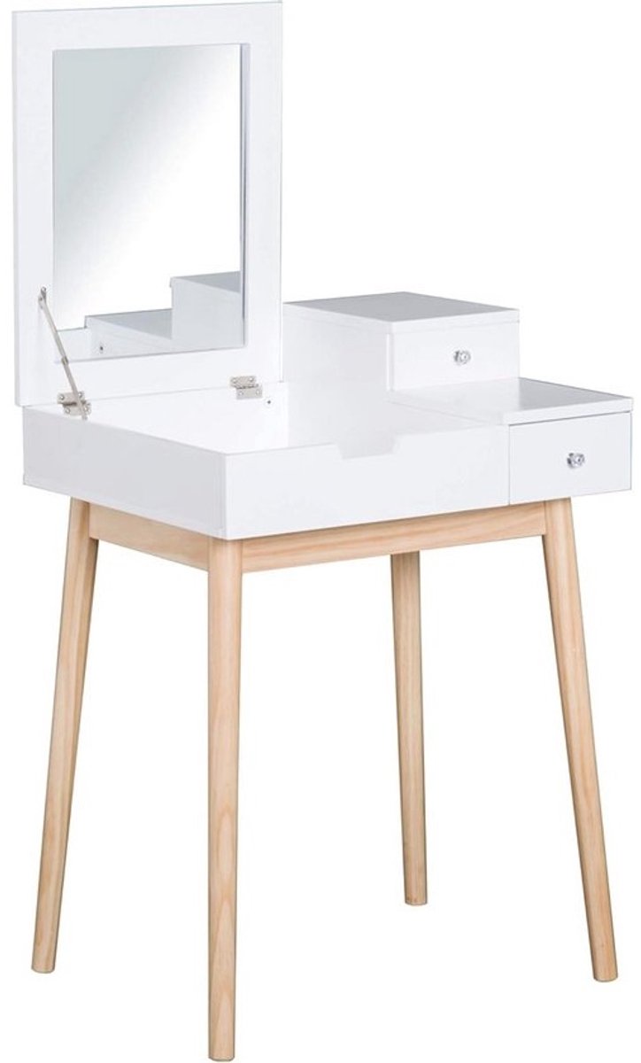 Make-uptafel - inklapbare spiegel - Compacte toilettafel - wit - met houten poten 60 x 50 x 85,5 cm