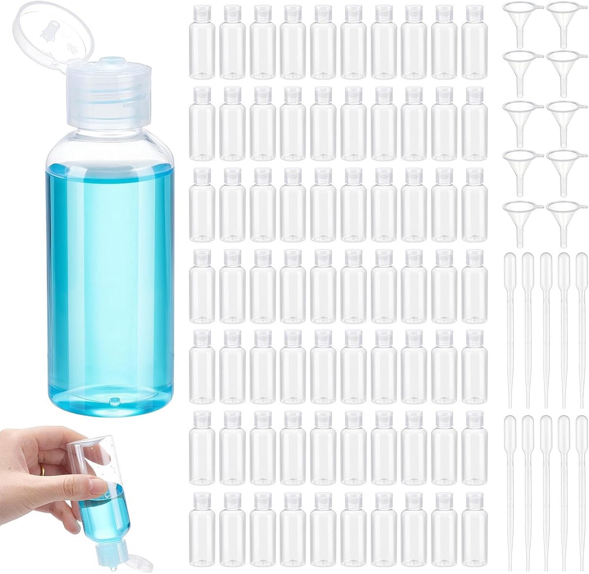 150 stuks 60 ml reisflessen, doorzichtige plastic lege flessen met flip-dop plastic fles met deksels voor toiletartikelen lotions shampoocrèmes dosering met 20 trechters en 20 druppelaars