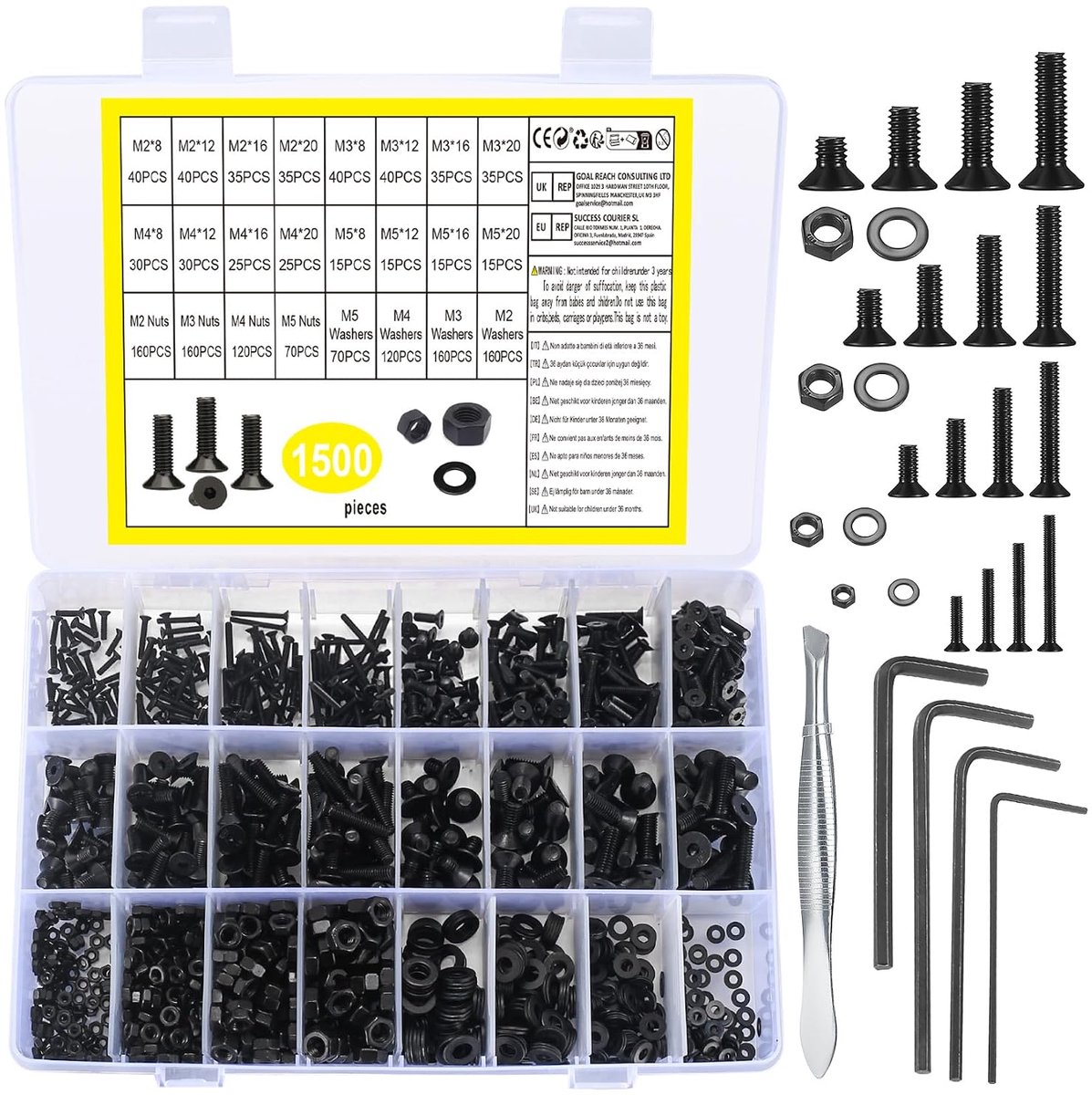 1500 stuks Assortimentsset van Inbusbouten, Moeren en Ringen, Verzinkte Vormige Schroeven, Platform machineschroeven, Legerstahl cilinderschroeven Schroevenset, Sets M2 M3 M4 M5