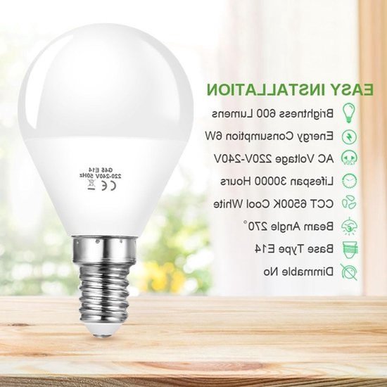 Set van 5 E14 LED-schroeflampen, 6W G45-golfbalvormige LED-lampen, 600 lumen, vervangt een 40W-gloeilamp en 50W-halogeenlamp, koud wit 6500K, energiezuinige niet-dimbare lampen — afbeelding 3