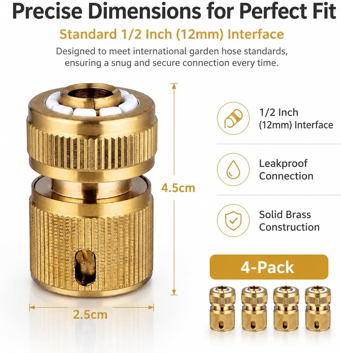 4 stuks metalen messing slangconnector voor tuin: snelle slangconnectoren en fittingen voor 12 mm - kraansplitter voor gazons, werven, boten - ideale doe-het-zelvers en tuinders